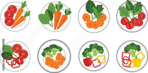 Healthy vegetable plates illustration set with carrots tomatoes broccoli peppers and leafy greens flat vector design
