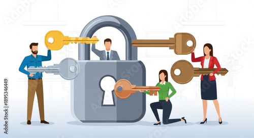Business Team Securing Data With Padlock and Keys.