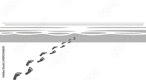 Footprints on the sand leading to the ocean waves.