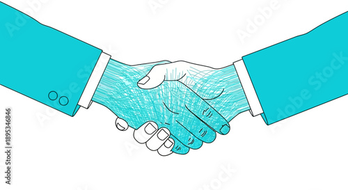 Abstract Sketchy Business Handshake Illustration. Partnership, Agreement, and Collaboration Concept in Cyan Blue Scribble Line Art on White.