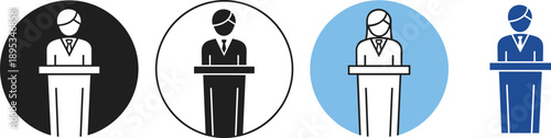 Business speaker podium icon illustration, male and female presenter black and blue vector symbols for conference, speech, leadership, infographic, web, branding design