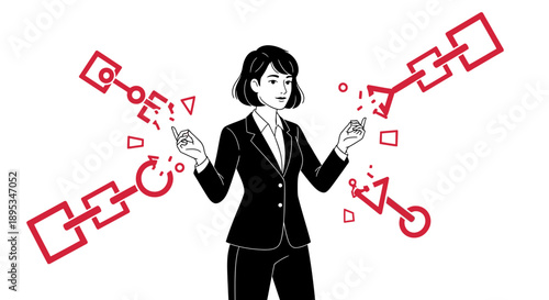 Manager Breaking Digital Chain Links: Decentralization, Disruption, and Freedom from Constraints. Vector Illustration of Solution and Problem Solving.