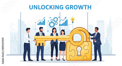 Business Team Unlocking Growth Opportunity with Giant Key and Lock.