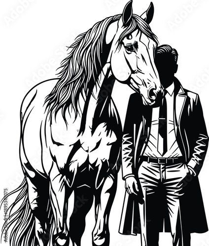 Elegant black and white vector illustration, horse and man standing together, surreal artistic composition, fashion suit style, mysterious bond, creative stock artwork