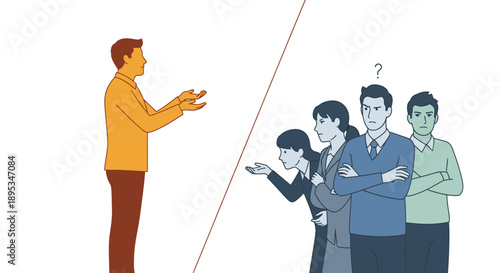 Communication Gap and Business Disagreement Illustration. Speaker Fails to Persuade a Skeptical and Confused Corporate Audience.