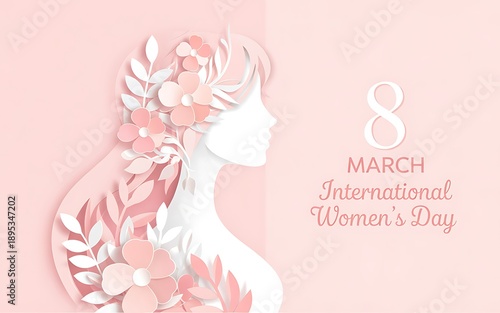 International womens day illustration with pink flowers and woman silhouette on light pink background