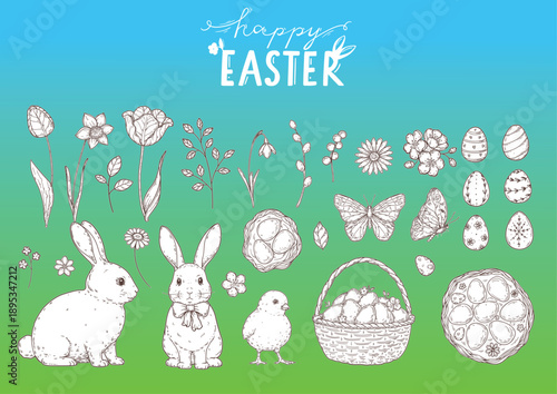 Happy Easter. Vector drawing sketches set. Hand drawn template for design. Vector drawing illustration. Eggs, bunny, baby chick, nest, spring flowers and branches.	