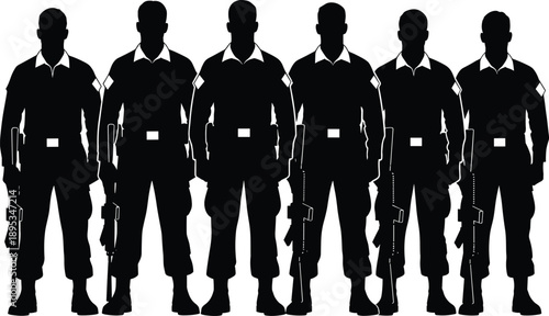 Elite armed security guard silhouette illustration set, black vector tactical team standing with rifles for protection, military, law enforcement, safety, defense design