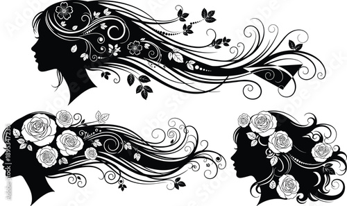 Floral woman hair silhouette illustration set, black vector female profiles with flowing botanical flowers and leaves for beauty, fashion, nature, tattoo, branding design