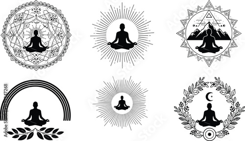 Meditation yoga silhouette illustration set, spiritual mandala symbols with seated lotus pose figures for mindfulness, wellness, zen, tattoo, branding vector design