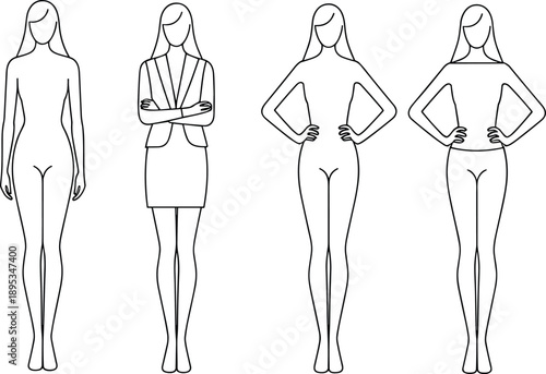 Outline drawings of four women in different poses and attire female sketch