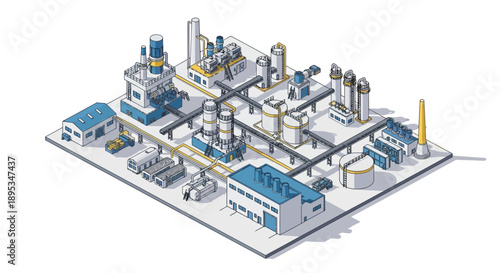 Isometric illustration of a modern industrial complex with various buildings, tanks, and pipelines.