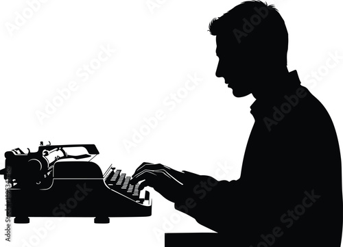Silhouette of a man typing on an old-fashioned typewriter writing