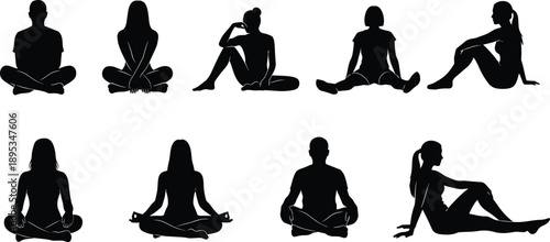 Seated people yoga silhouette illustration set, black vector collection of men and women sitting, stretching and meditation poses for wellness, fitness, lifestyle design