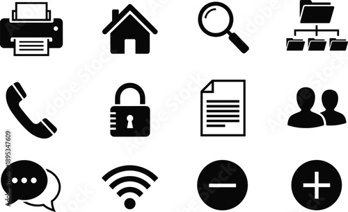 Collection of twelve black computer and internet icons on white background vector illustration