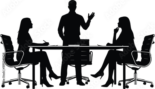 Black Silhouette Of Three People In A Business Meeting Around A Table office