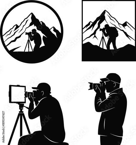 Professional photographer silhouette illustration set, mountain landscape photography concept with camera and tripod, outdoor adventure, travel, nature shooting, black vector design