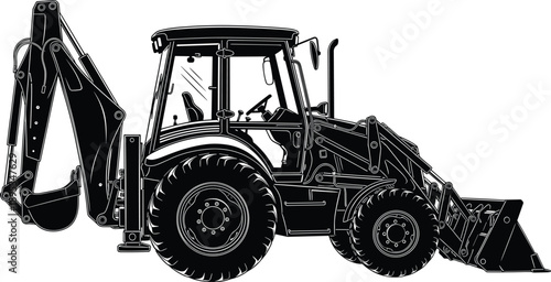 Black and white backhoe loader silhouette with front bucket and rear excavator isolated on white background for construction industry use