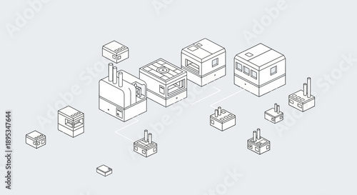 Isometric illustration of various modular building blocks and components arranged on a plain background.