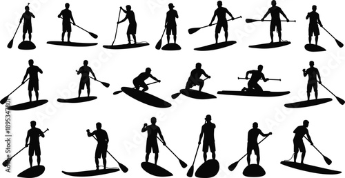 Stand up paddleboarding silhouette illustration set, black vector collection of SUP riders paddling in different poses for water sports, adventure, outdoor lifestyle design