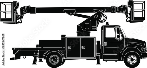 Black and white silhouette of insulated bucket truck with telescopic boom lift for electrical maintenance and utility service work