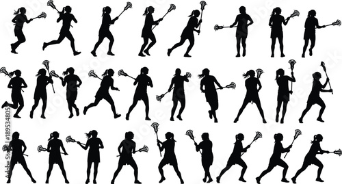 Women lacrosse players silhouette action set, female athletes running throwing and defending poses, team sports movement collection, black vector illustration