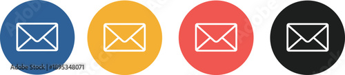Four Circular Icons With White Envelope Symbols In Blue Yellow Red And Black email message