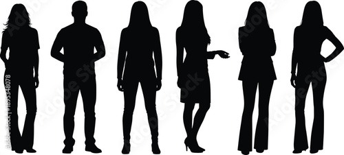 Women silhouette illustration set, black vector female figures standing poses for fashion, lifestyle, character design, infographic, branding use, marketing presentation web print