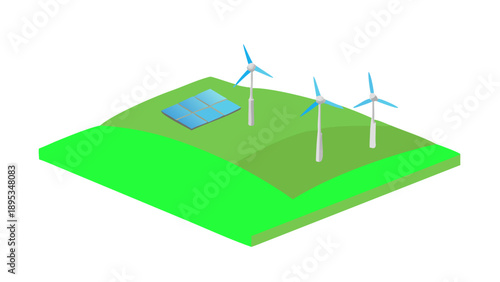 Minimalist 3D isometric design of wind turbines and solar panels on a lush green hill, clear blue sky, eco-friendly energy concept, bright and airy.