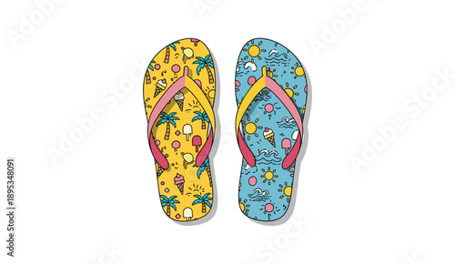 Colorful summer flip-flops with tropical pattern illustration.