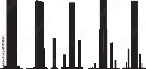 Black skyscrapers silhouette against white background cityscape view