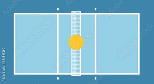 Tennis court top view illustration with a yellow tennis ball on a blue court with white lines and markings