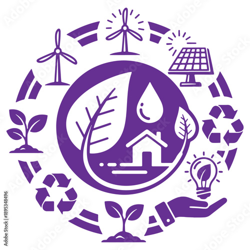 Purple ecofriendly design featuring renewable energy and recycling symbols promoting sustainability and environmental awareness