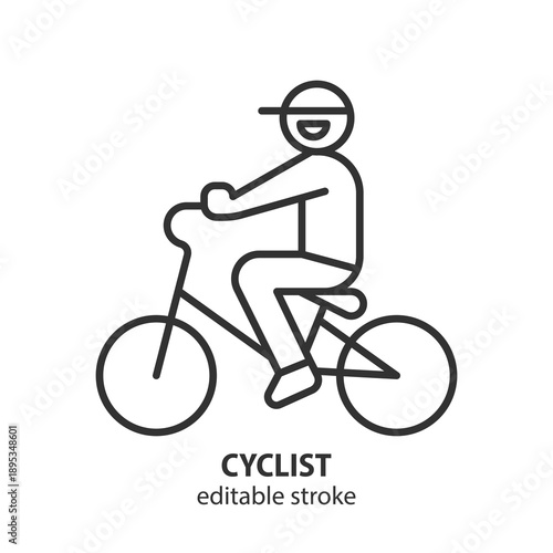 Cyclist man riding bicycle line icon. Cycling activity concept for health and transportation. Editable stroke. Vector illustration.