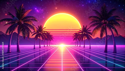 A vibrant, neon-lit digital artwork depicts palm trees framing a road that leads toward a large, radiant sunset. Purple hues dominate