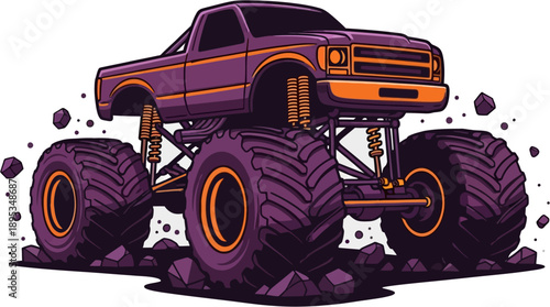 Monster Truck for Extreme Offroad Show and Racing, Giant Wheel Performance Vehicle, Detailed Vector Illustration