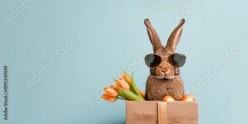 Happy Easter concept holiday greeting card - Cool Easter bunny, rabbit with sunglasses, sitting in a gift box with Easter eggs, isolated on a blue background