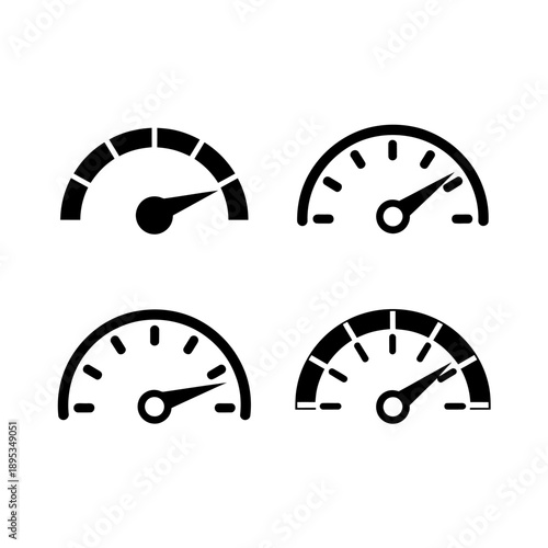 Four different speedometer gauges with needles and markings on white