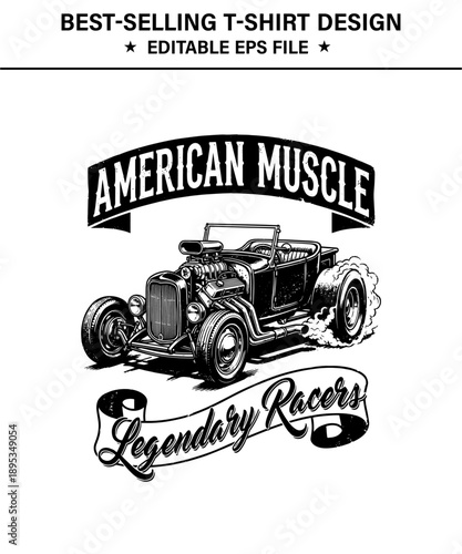 Vintage american muscle car  t-shirt design element with text american muscle and legendary racers for tshirts isolated on transparent background