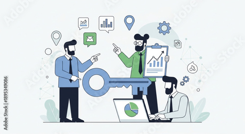 Business team collaborating on strategy with key insights and data analysis.