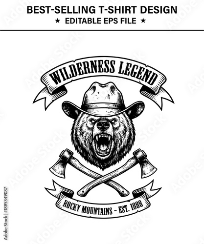 Vintagestyle bearwearing cowboy hat  t-shirt design  emblem with crossedaxes and banners  wildernesslegend rockymountains illustration
