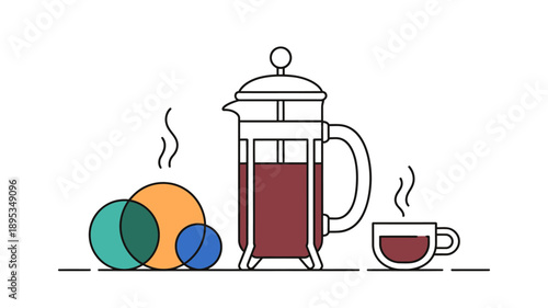 Colorful French press coffee maker with cup and macarons on table