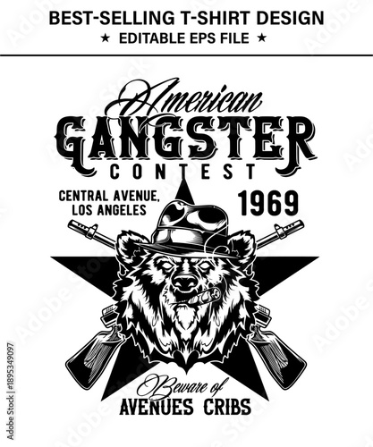 Vintagestyle black and white graphic  t-shirt design of a bear wearing a fedora hat and holding guns in a star shape with text