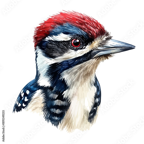 Woodpecker, high quality watercolor, isolated on a white background, vibrant details.