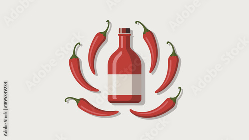Bottle of hot sauce surrounded by red chili peppers on beige background