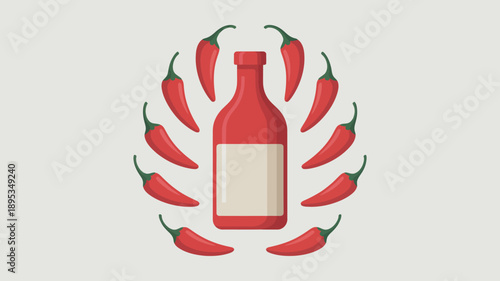 Bottle of hot sauce surrounded by red chili peppers on light gray background