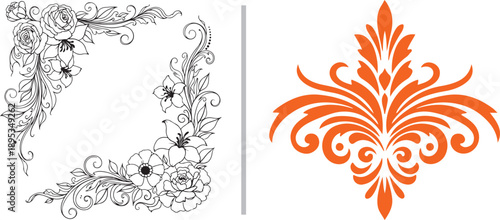 Elegant vector set featuring a detailed black and white floral corner frame with roses and lilies alongside a vibrant orange fleur-de-lis damask motif with ornate scrolling flourishes.
