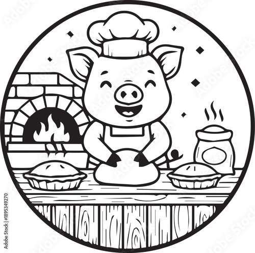 Happy Pig Baker Mascot Emblem Cheerful Black and White Circular Logo of a Cartoon Pig Chef Kneading Dough in a Traditional Bakery