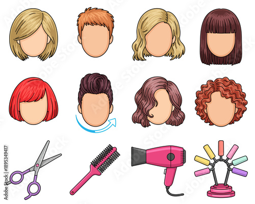 Cartoon people with different hairstyles and haircut tools  various haircuts and accessories