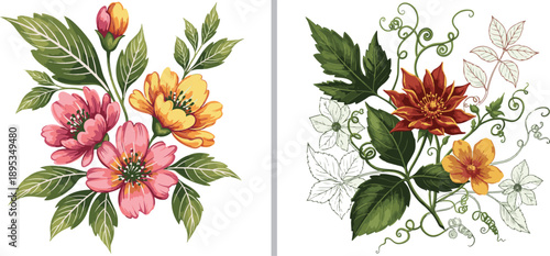 Vintage-style floral vector featuring warm pink, orange, and red blossoms with lush green leaves, delicate vine tendrils, and clean line-art accents in a classic botanical illustration style.